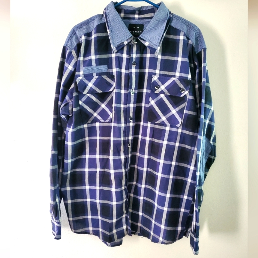 Koman navy blue plaid button-up Xl shirt